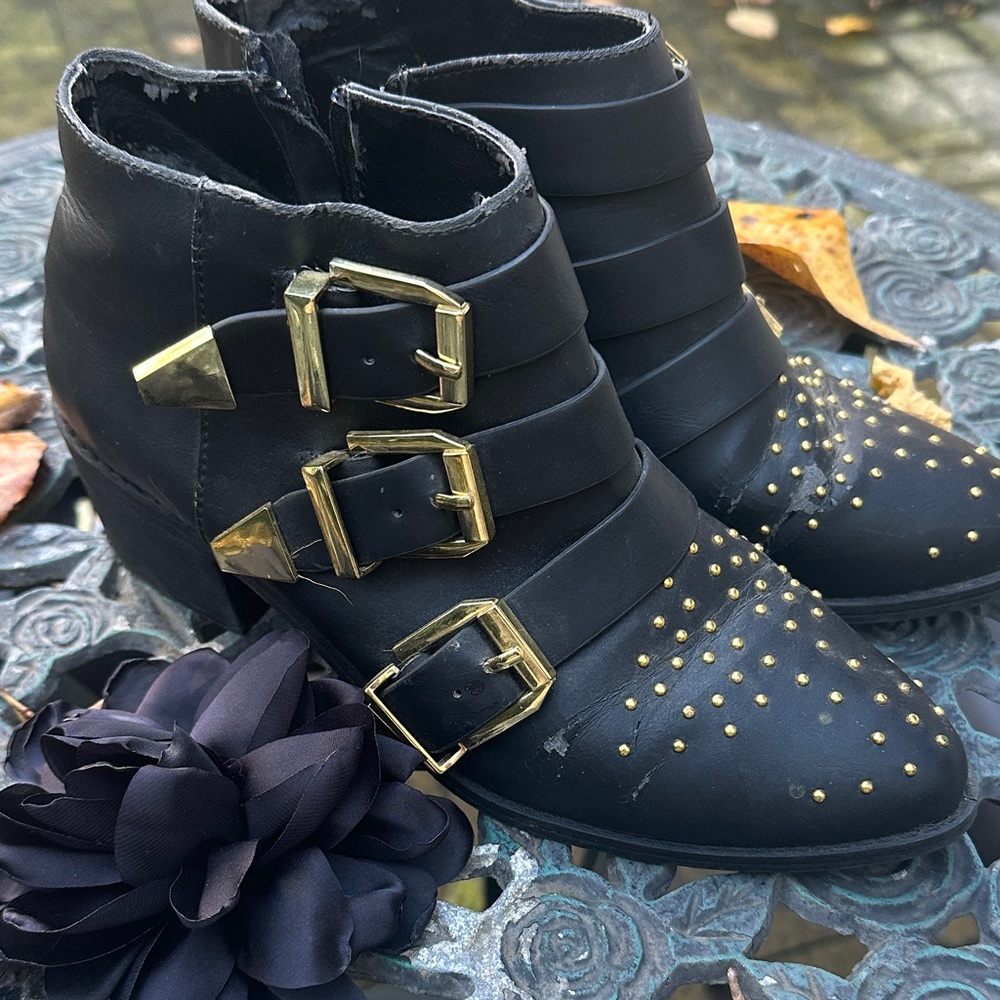 Soft Goth Perfect -  Black Ankle Boots with Gold Studs and buckles